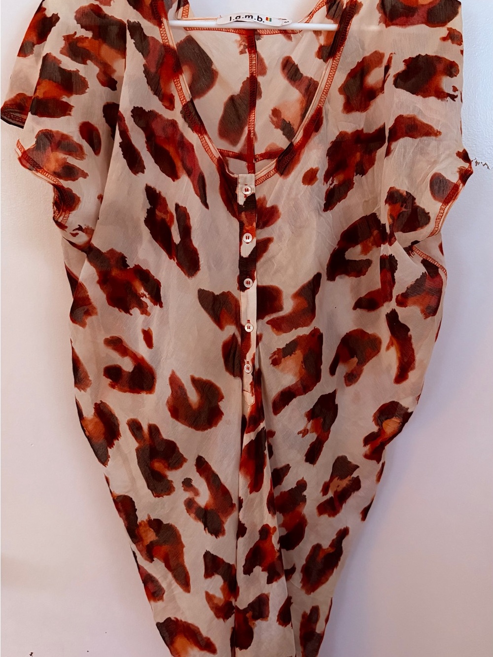 L.A.M.B. Red Leopard Print Sheer Button-Front Women’s Top
